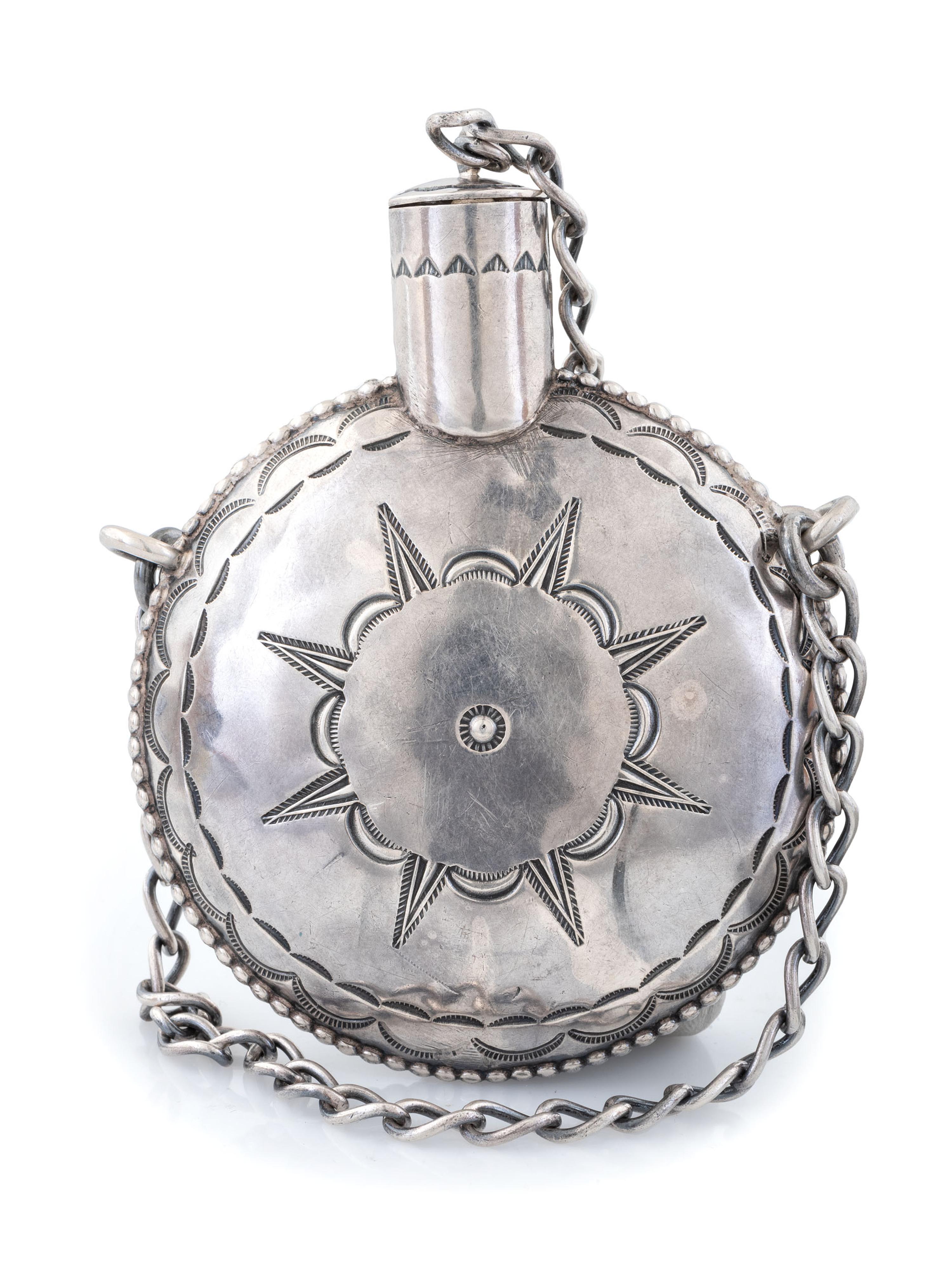 Navajo Heavily Stamped Silver Tobacco Canteen