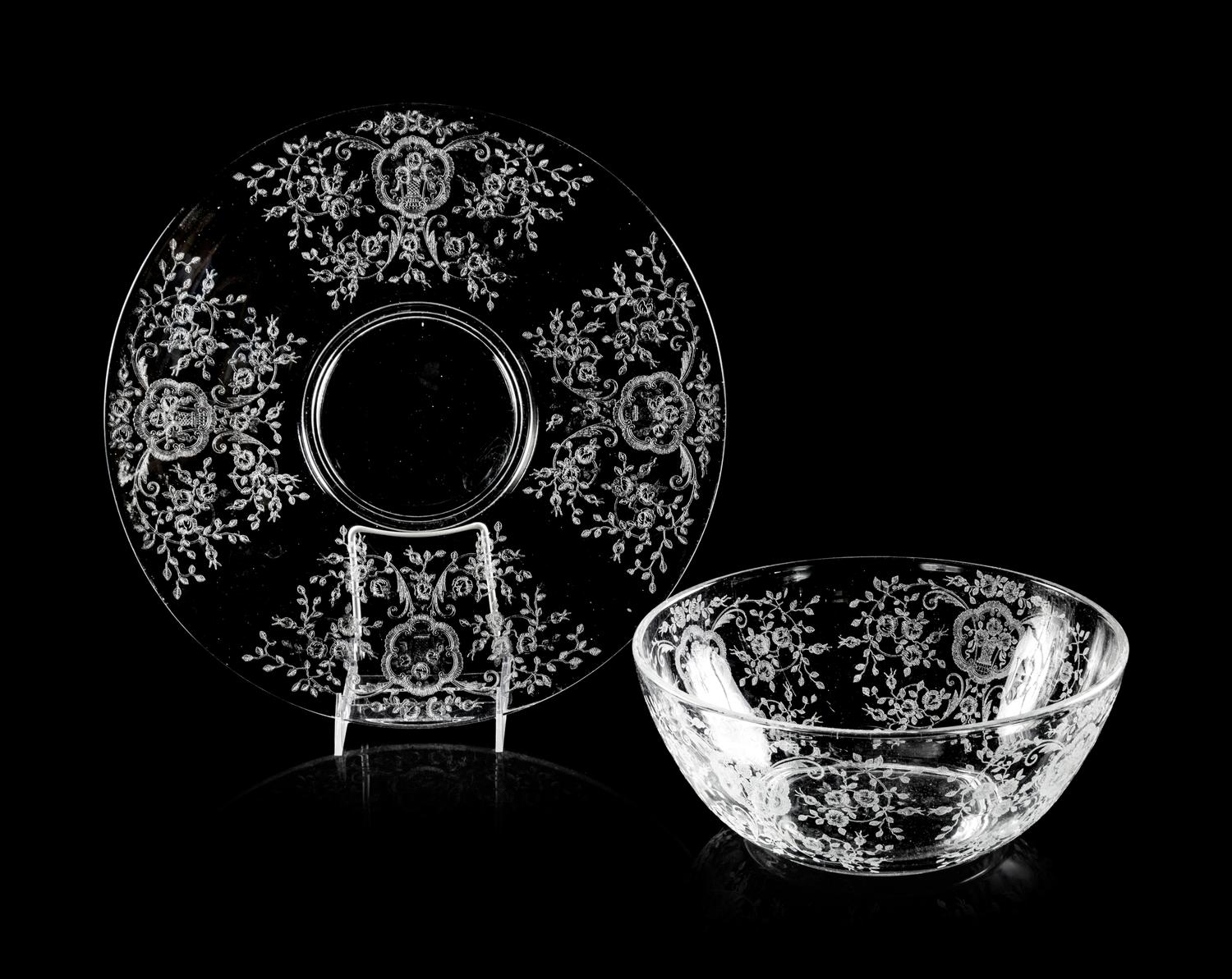 An Etched Glass Serving Bowl and Platter