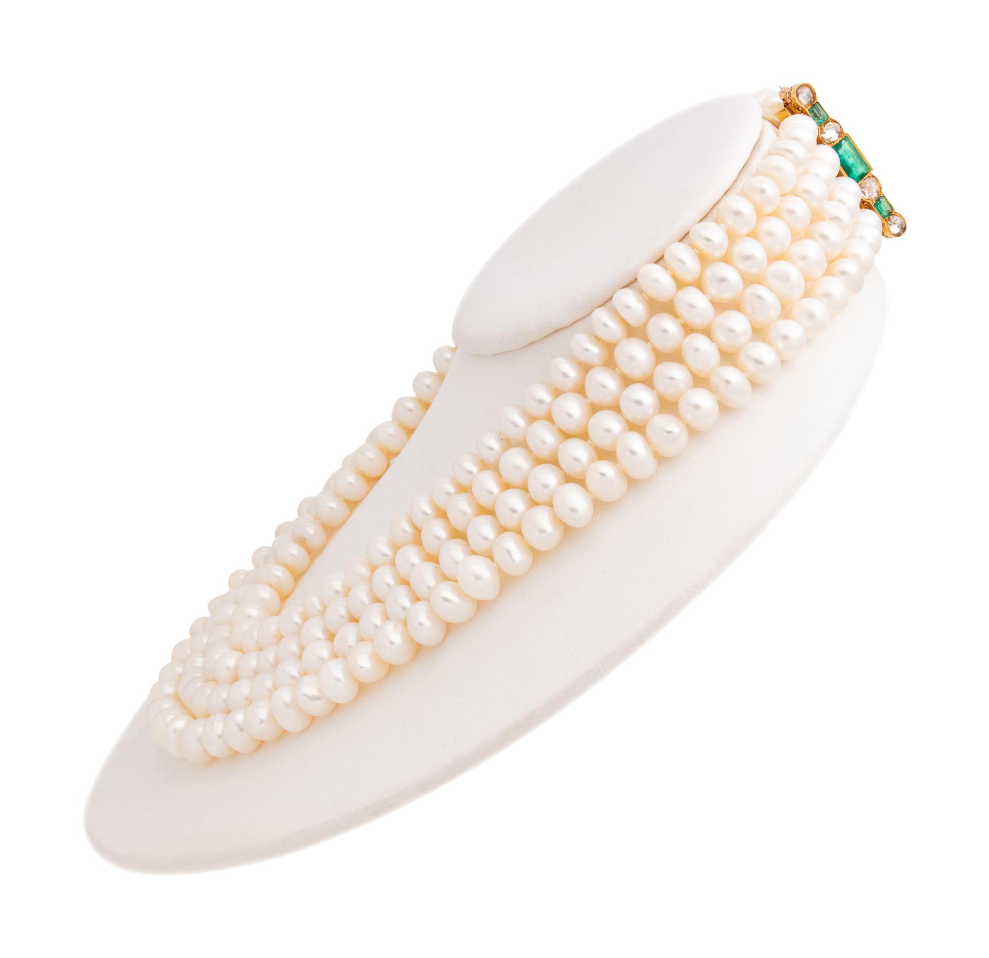 A Yellow Gold, Cultured Pearl, Emerald and Diamond Brooch/Necklace,