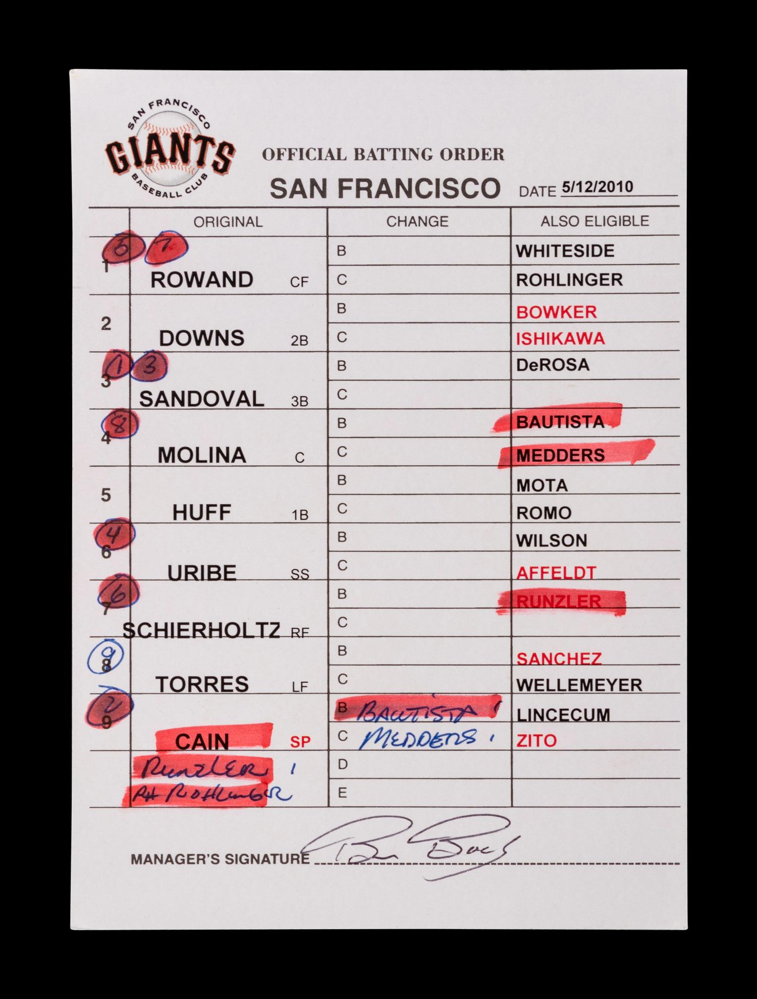 A Group of Three 2010 World Series Champion San Francisco Giants Umpire Lineup Cards from The Collection of Baseball Hall of Famer Ted Simmons,