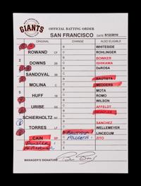 A Group of Three 2010 World Series Champion San Francisco Giants Umpire Lineup Cards from The Collection of Baseball Hall of Famer Ted Simmons,