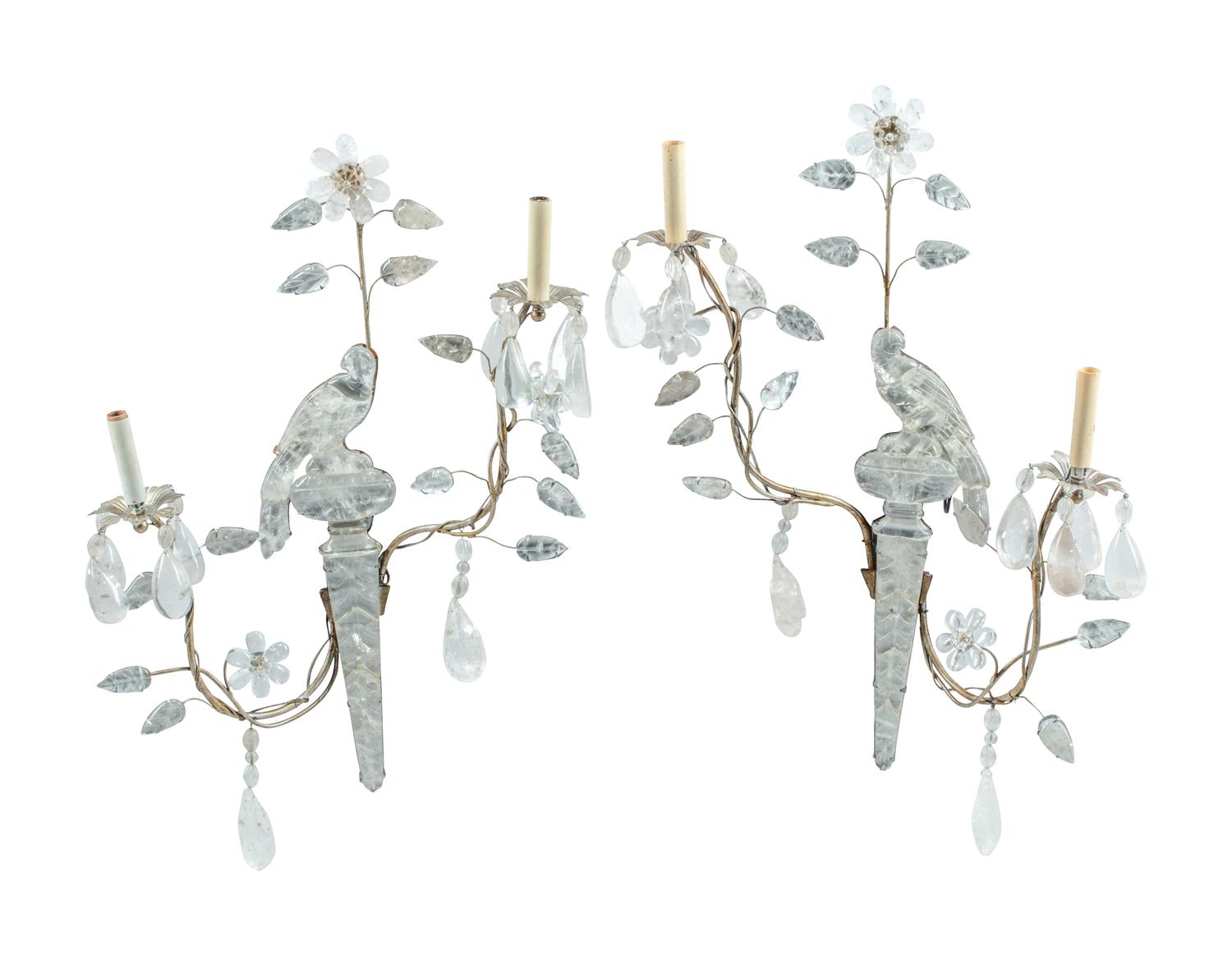 A Pair of Silvered Metal and Rock Crystal Two-Light Sconces in the Style of Maison Baguès