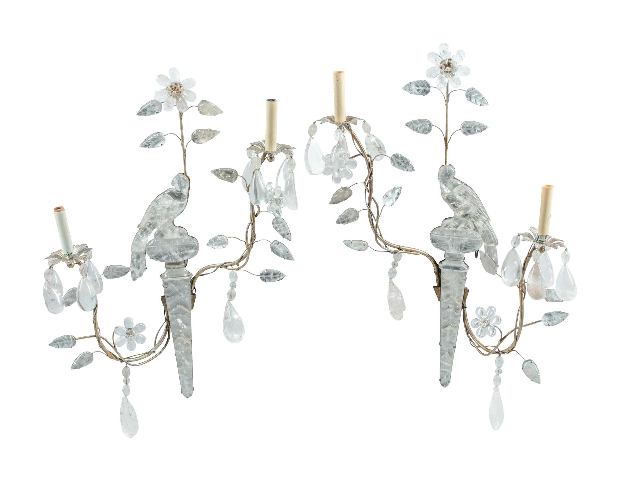 A Pair of Silvered Metal and Rock Crystal Two-Light Sconces in the Style of Maison Baguès