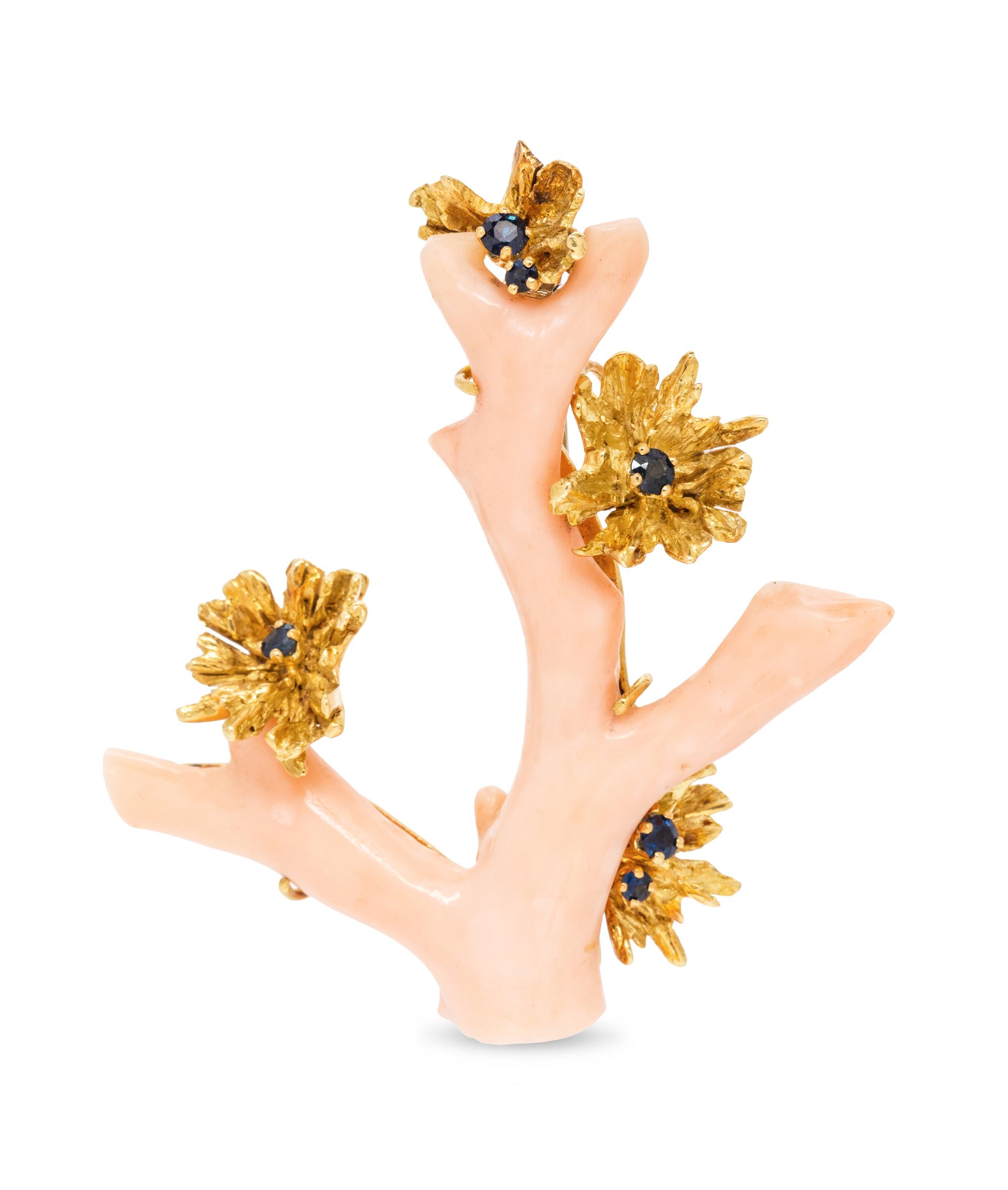 An 18 Karat Yellow Gold, Coral and Sapphire Brooch,