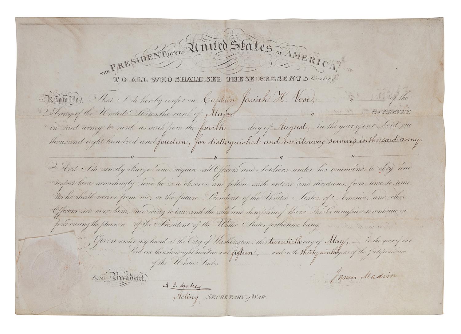 MADISON, James (1751-1836). Engraved document signed as President (“James Madison”), countersigned by A. J. Dallas, acting Secretary of War, 20 May 1815.