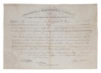 MADISON, James (1751-1836). Engraved document signed as President (“James Madison”), countersigned by A. J. Dallas, acting Secretary of War, 20 May 1815.
