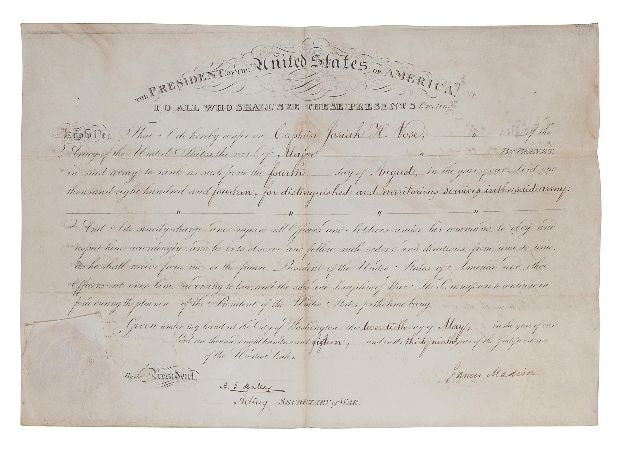 MADISON, James (1751-1836). Engraved document signed as President (“James Madison”), countersigned by A. J. Dallas, acting Secretary of War, 20 May 1815.