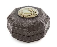 A Pale Celadon Jade Inlaid Tixi Lacquer Box and Cover Height of box 6 1/2 x width 8 1/2 inches. — JADE POSSIBLY YUAN/MING DYNASTY