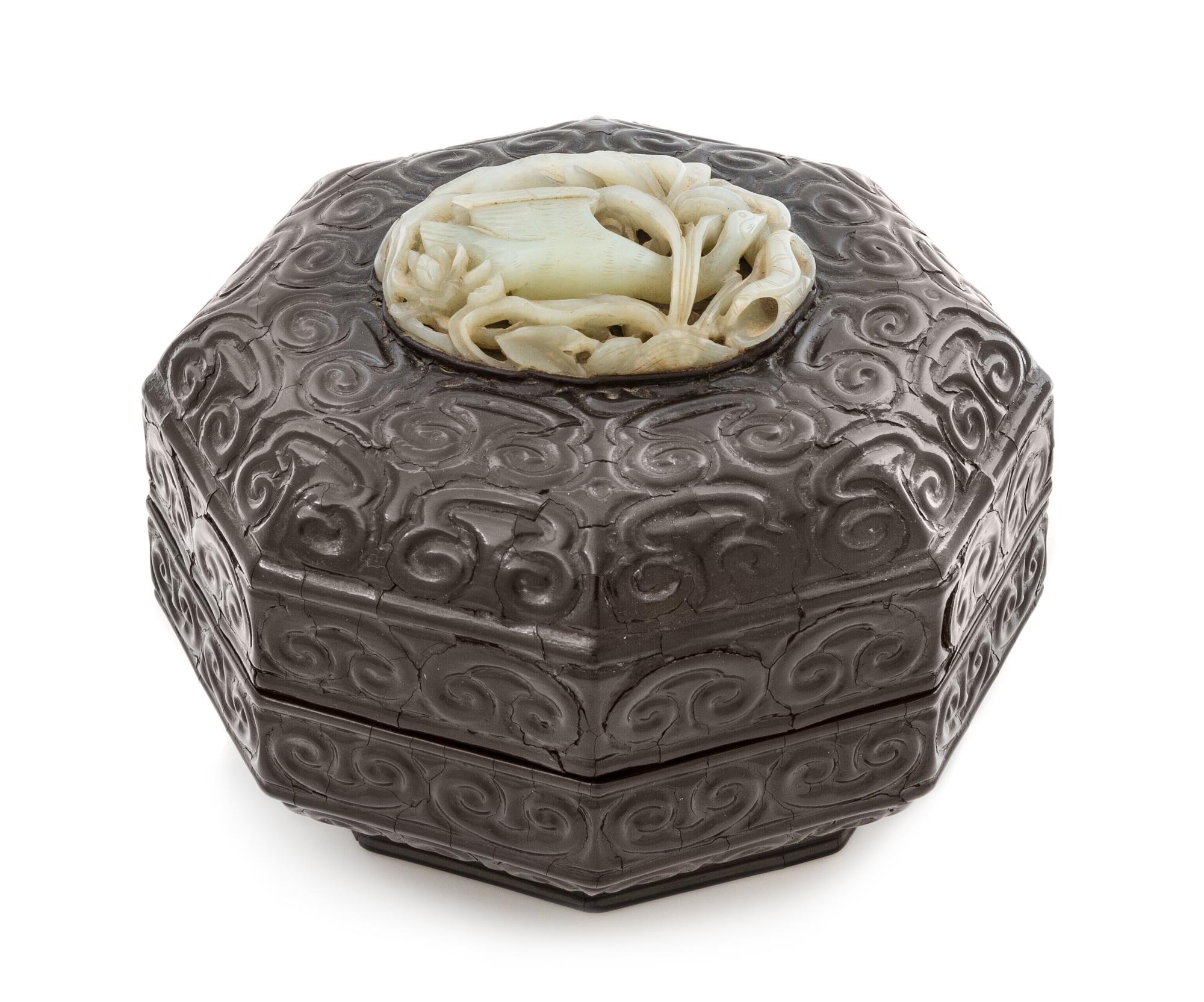 A Pale Celadon Jade Inlaid Tixi Lacquer Box and Cover Height of box 6 1/2 x width 8 1/2 inches. — JADE POSSIBLY YUAN/MING DYNASTY