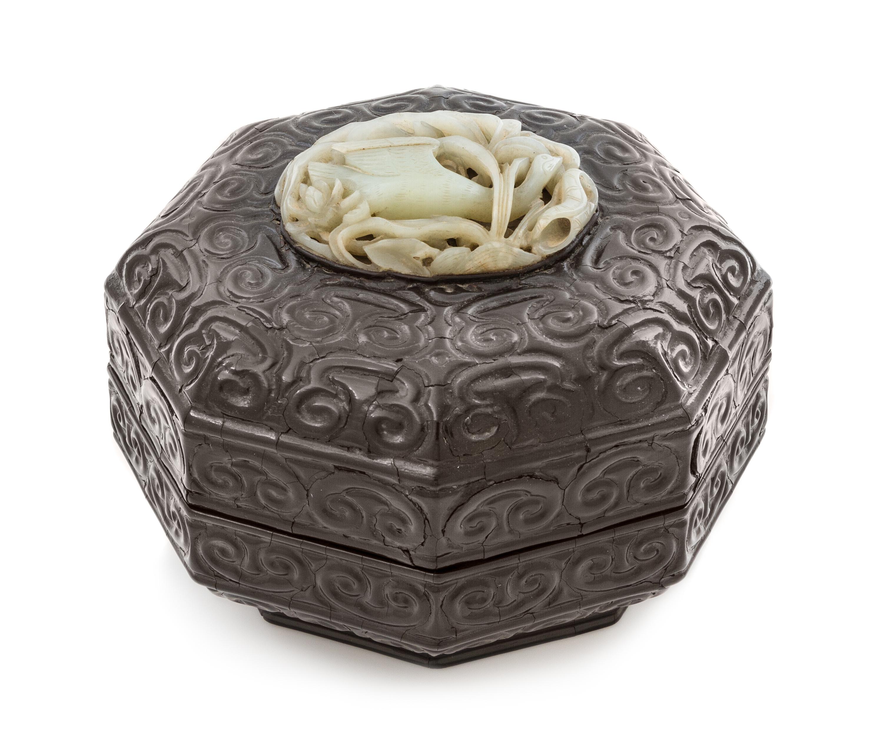A Pale Celadon Jade Inlaid Tixi Lacquer Box and Cover Height of box 6 1/2 x width 8 1/2 inches. — JADE POSSIBLY YUAN/MING DYNASTY