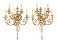 A Pair of Louis XVI Style Gilt-Bronze Five-Light Wall Lights