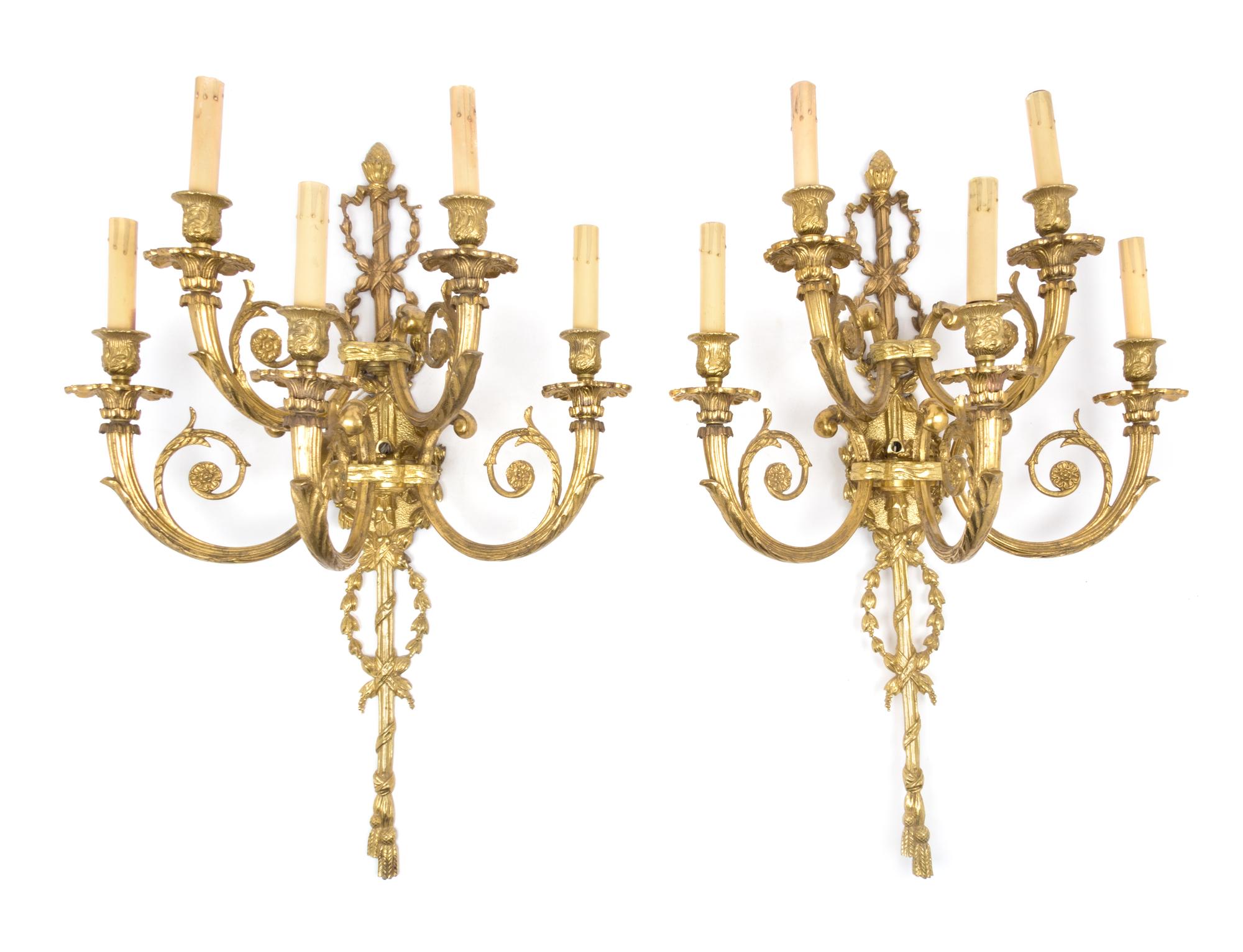 A Pair of Louis XVI Style Gilt-Bronze Five-Light Wall Lights