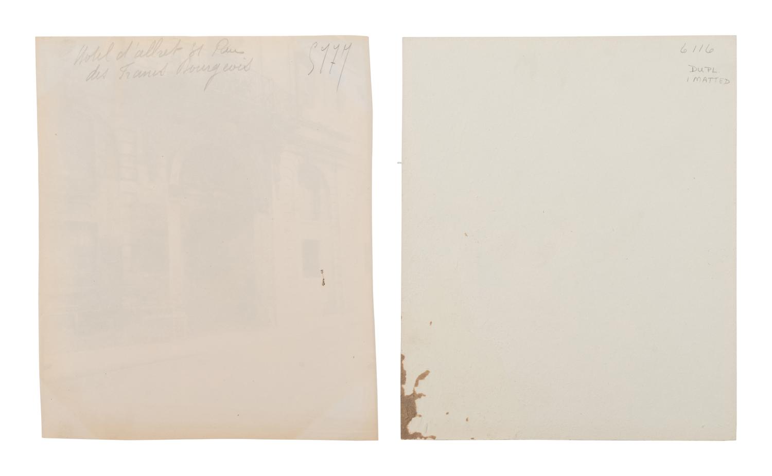 A pair of photographs ( Hôtel d'Allret, rue des Francs-Bourgeois 31 , 1911; Hôtel, places des Victoires 10 , 1913)