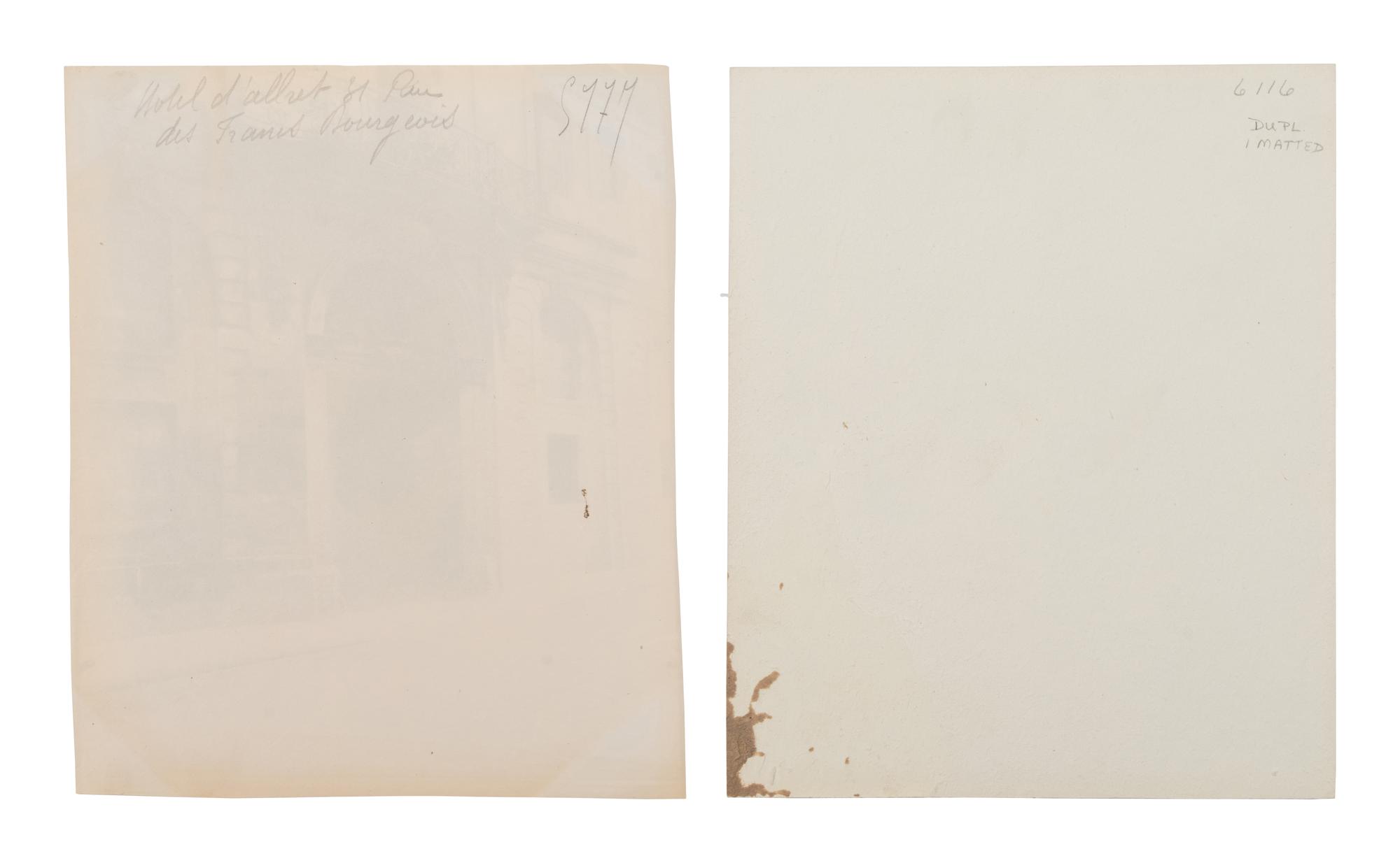 A pair of photographs ( Hôtel d'Allret, rue des Francs-Bourgeois 31 , 1911; Hôtel, places des Victoires 10 , 1913)