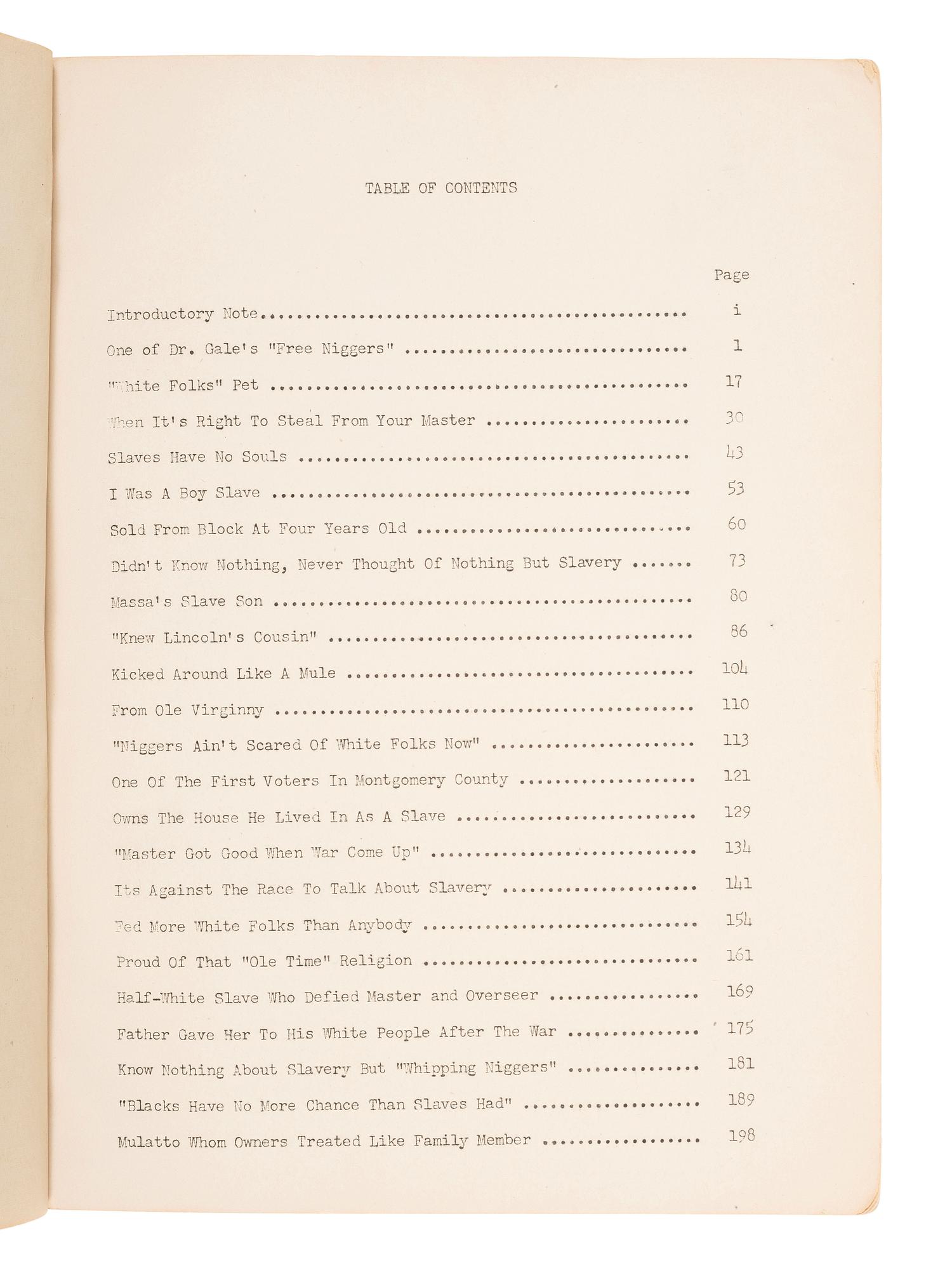 [ENSLAVEMENT & ABOLITION]. Unwritten History of Slavery. Autobiographical Account of Negro Ex-Slaves . Nashville, TN: Social Science Institute, Fisk University, 1945.