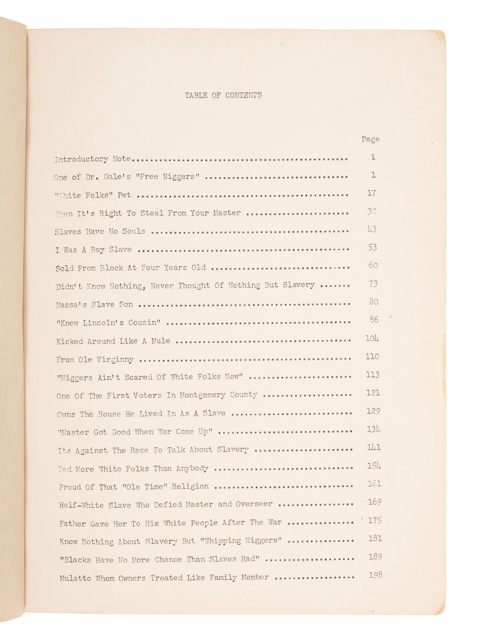 [ENSLAVEMENT & ABOLITION]. Unwritten History of Slavery. Autobiographical Account of Negro Ex-Slaves . Nashville, TN: Social Science Institute, Fisk University, 1945.
