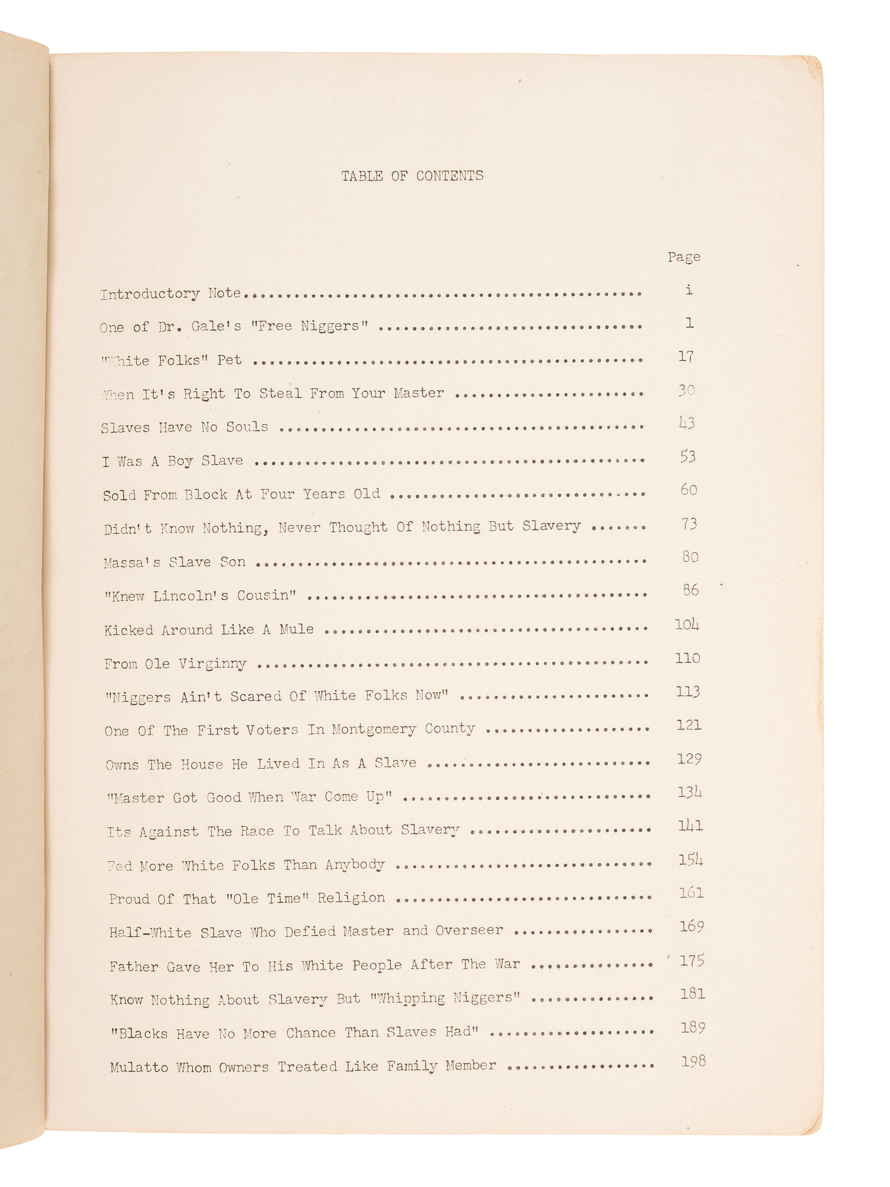 [ENSLAVEMENT & ABOLITION]. Unwritten History of Slavery. Autobiographical Account of Negro Ex-Slaves . Nashville, TN: Social Science Institute, Fisk University, 1945.