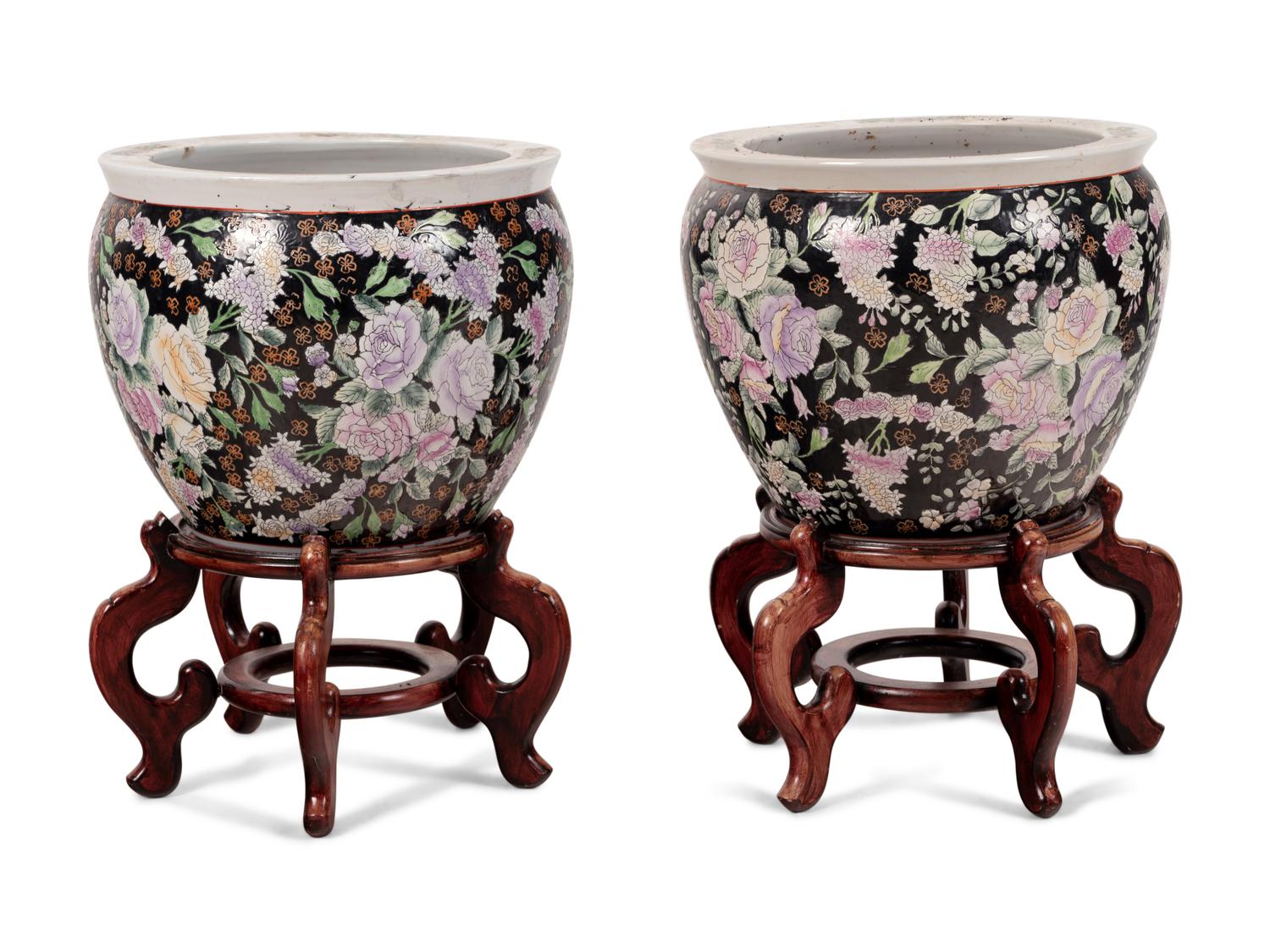A Pair of Chinese Enameled Porcelain Jardinières