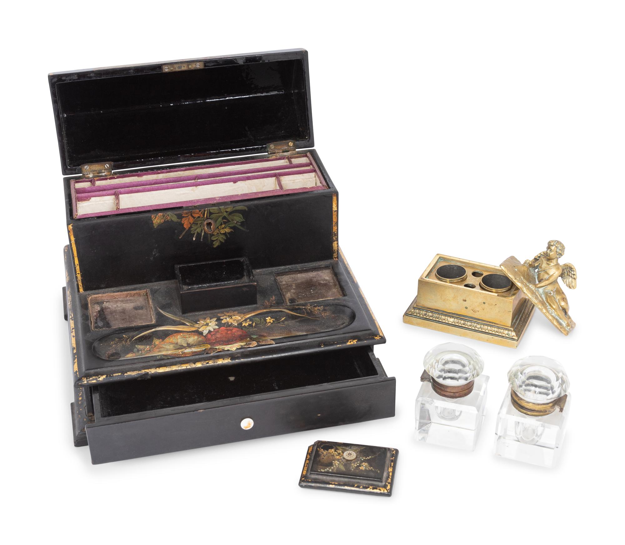 A Victorian Papier-Mâché Ink Stand and Stationery Box