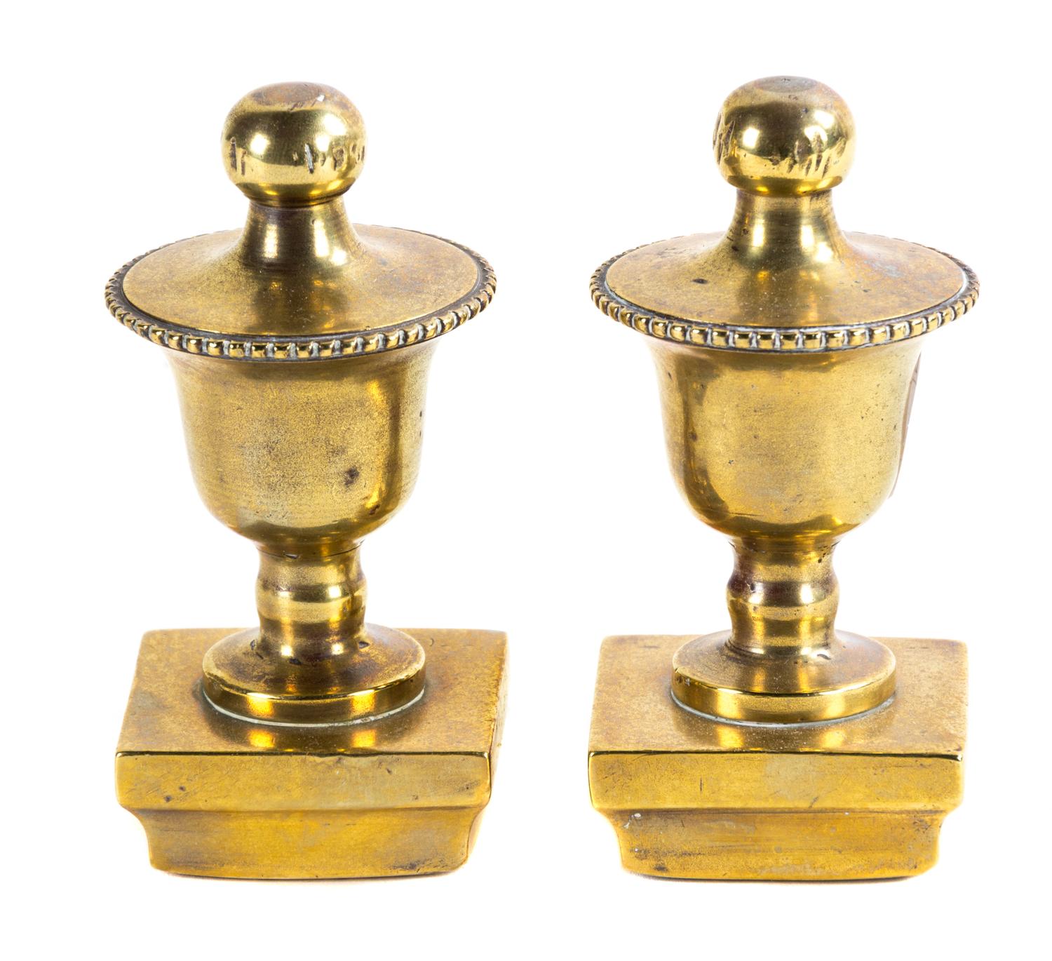 A Pair of Decorative Brass Finials Height of first 3 1/2 inches.