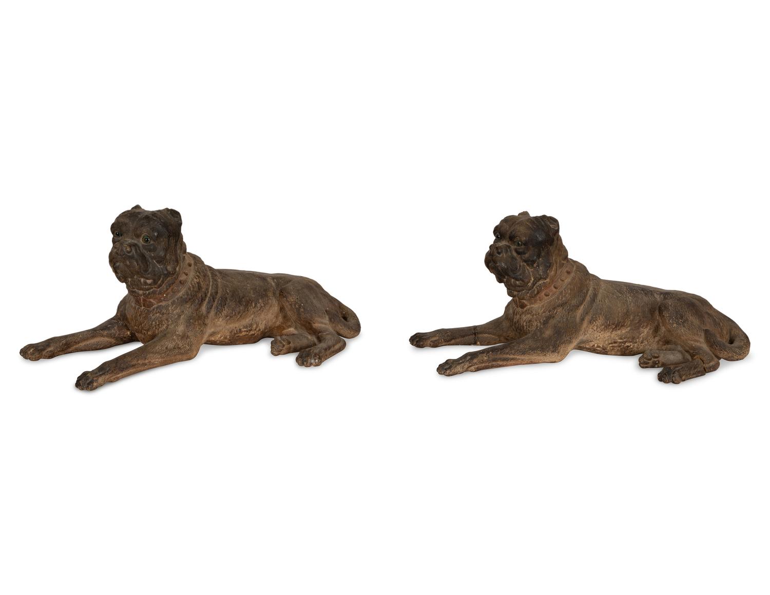 A Pair of English Painted Terracotta Pugs