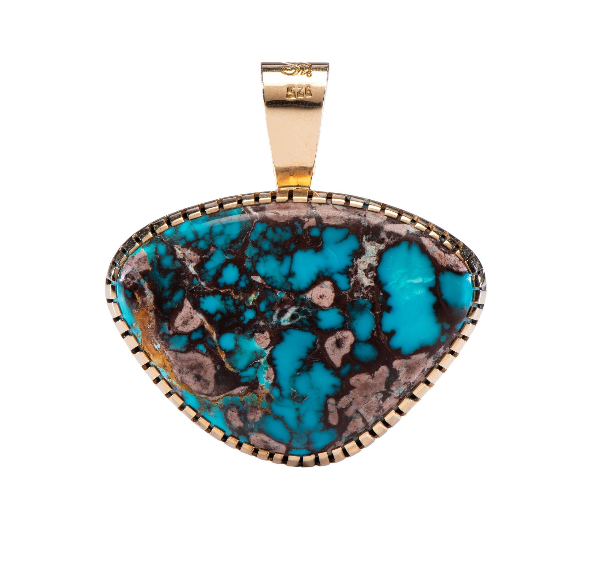 14k Gold and Sterling Silver Pendant, with Bisbee Turquoise Lot is located and will ship from Denver, Colorado.
