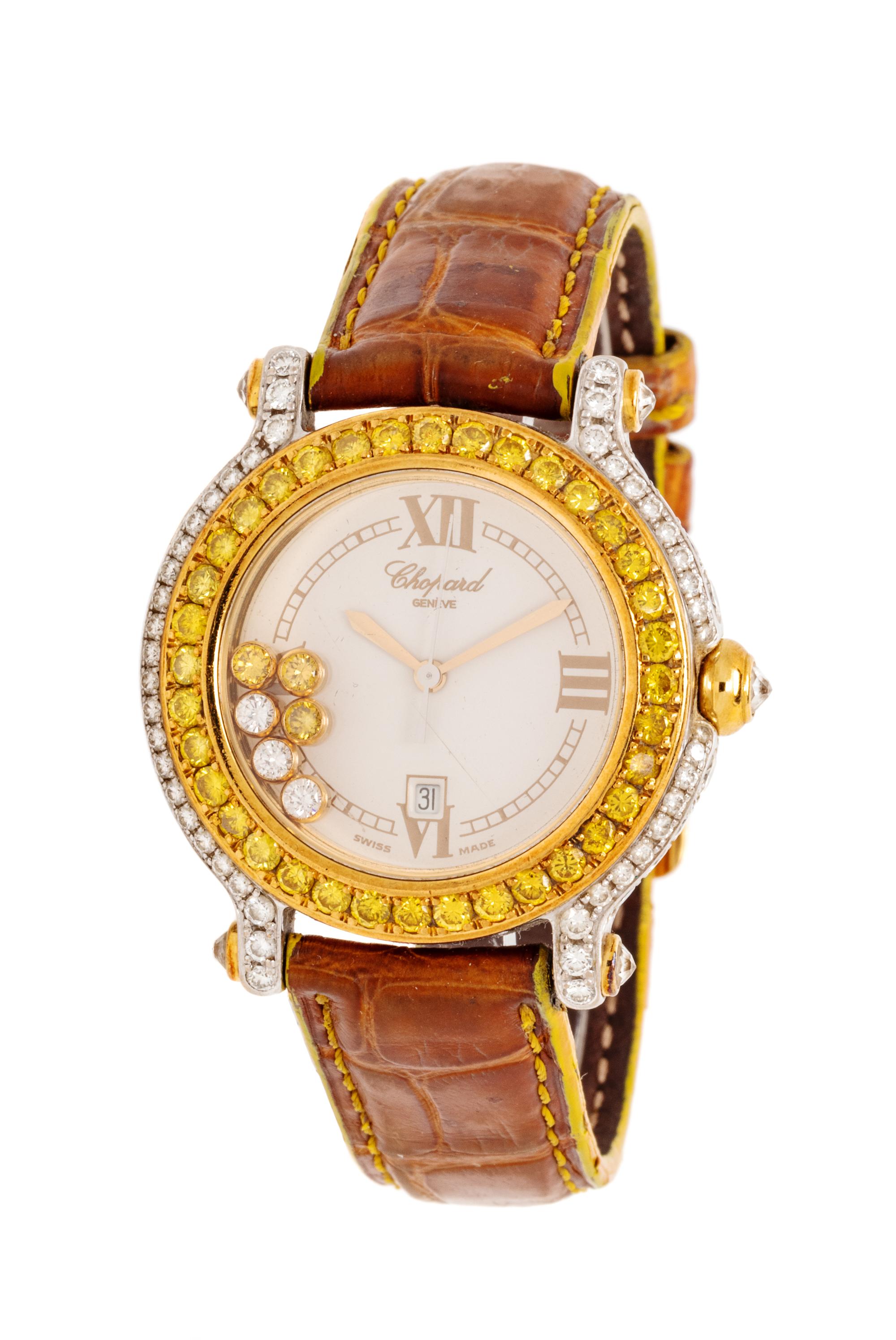 An 18 Karat Bicolor Gold, Diamond and Colored Diamond 'Happy Sport' Wristwatch, Chopard,