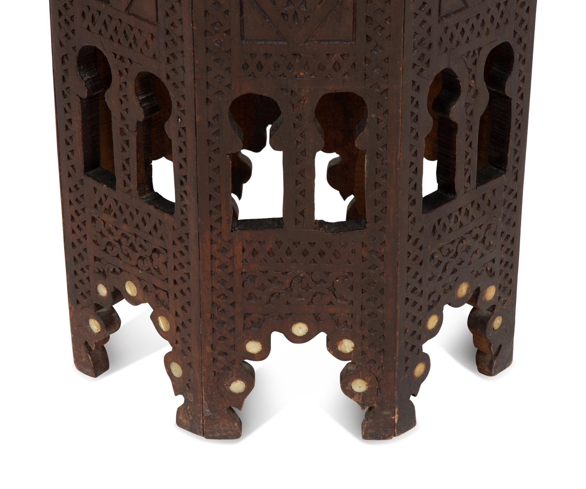 A Moroccan Bone Inlaid Walnut Hexagonal Side Table