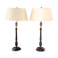 A Pair of George III Brass Mounted Mahogany Candlesticks Mounted as Lamps