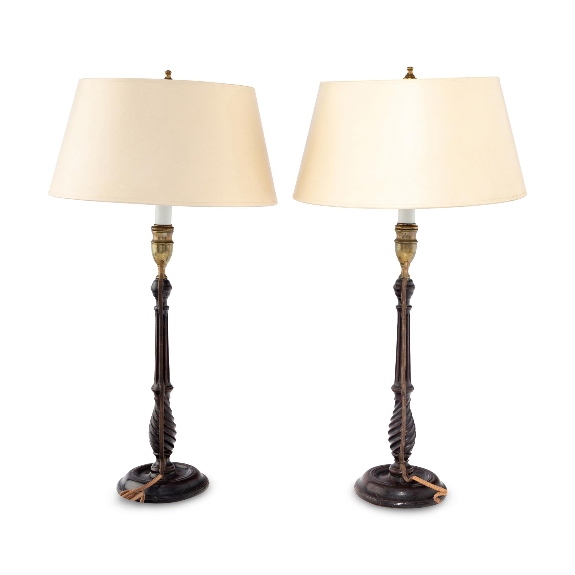 A Pair of George III Brass Mounted Mahogany Candlesticks Mounted as Lamps