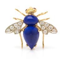 An 18 Karat Yellow Gold, Sodalite, Diamond and Ruby Bee Brooch, 5.10 dwts.