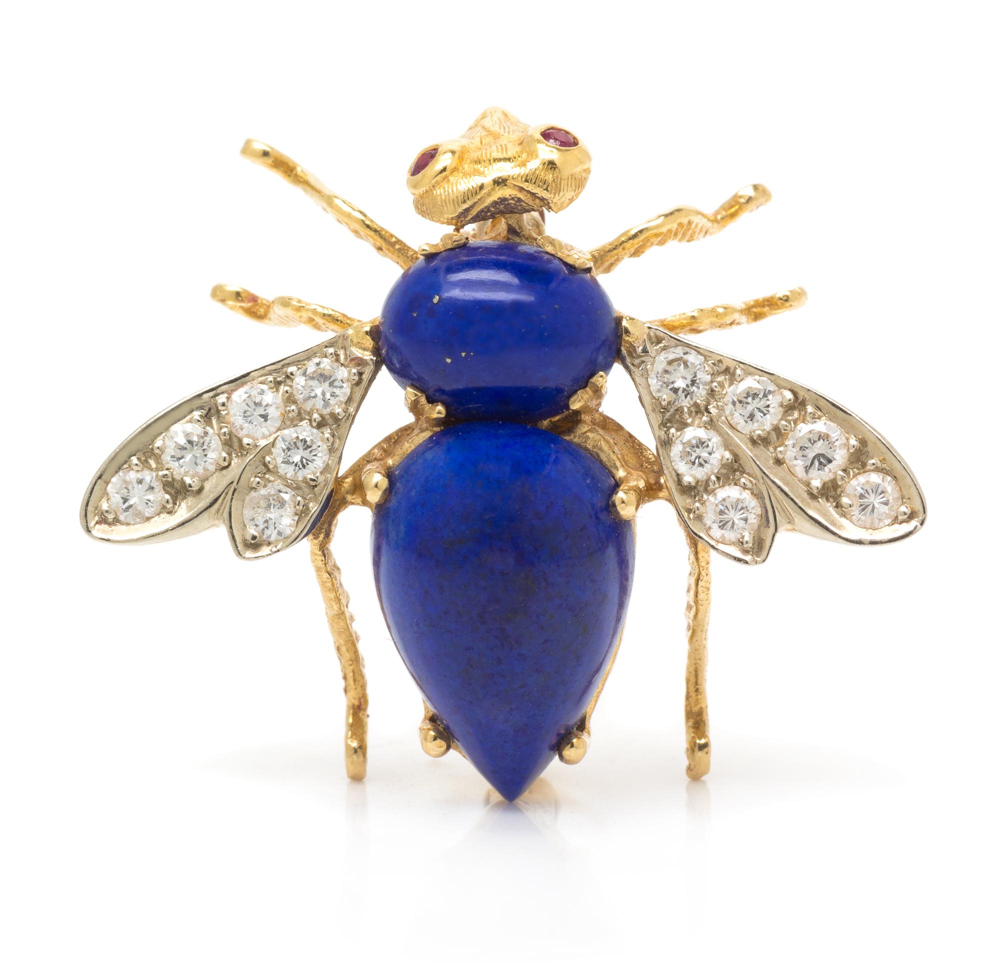 An 18 Karat Yellow Gold, Sodalite, Diamond and Ruby Bee Brooch, 5.10 dwts.