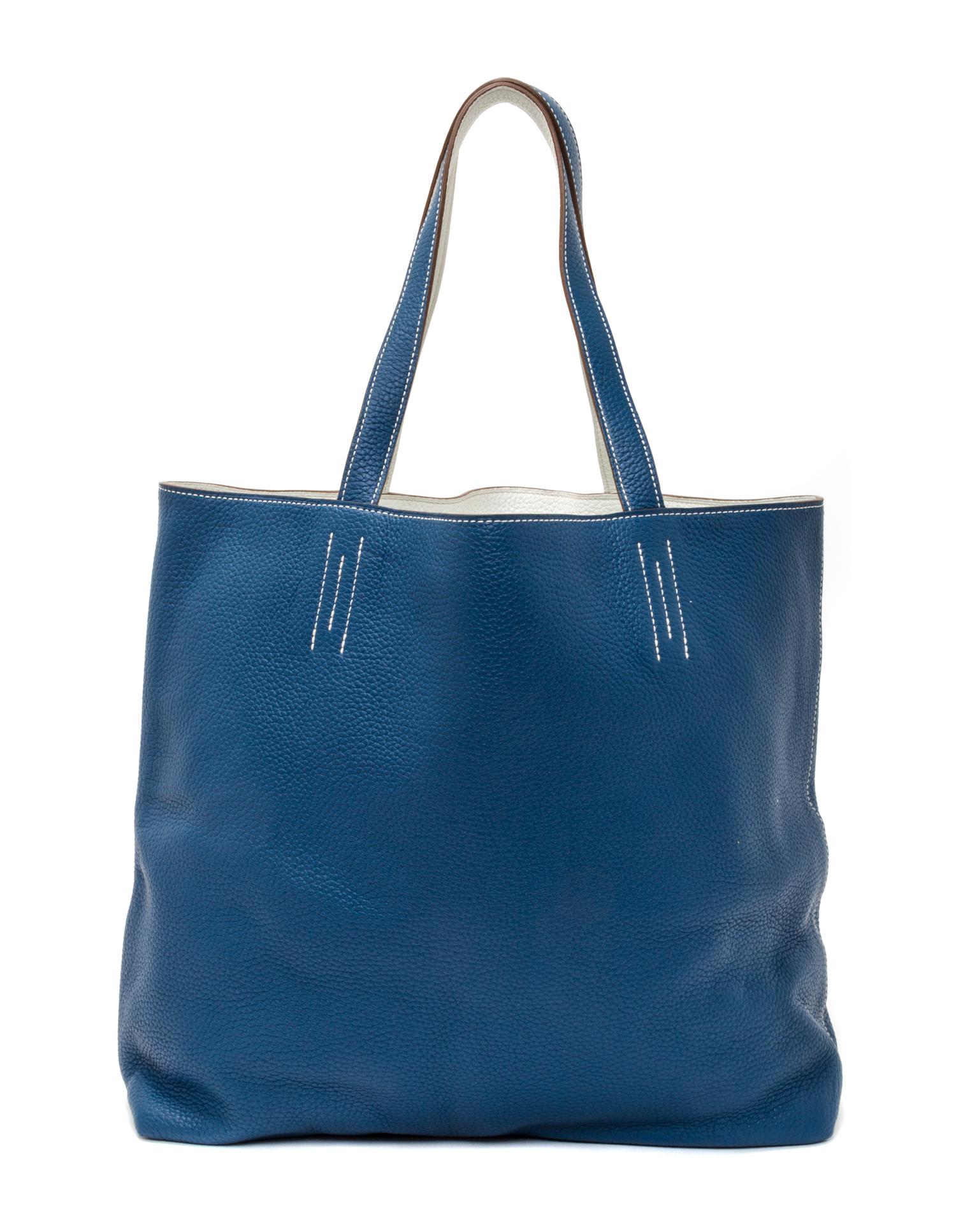 An Hermes Blanc/Bleu 45cm Taurillon Clemence Double Sens Tote, 17.5" x 15.5" x 5".