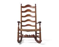 A Maple and Hickory Ladderback Rush-Seat Armchair Modified as a Rocking Chair, Delaware Valley