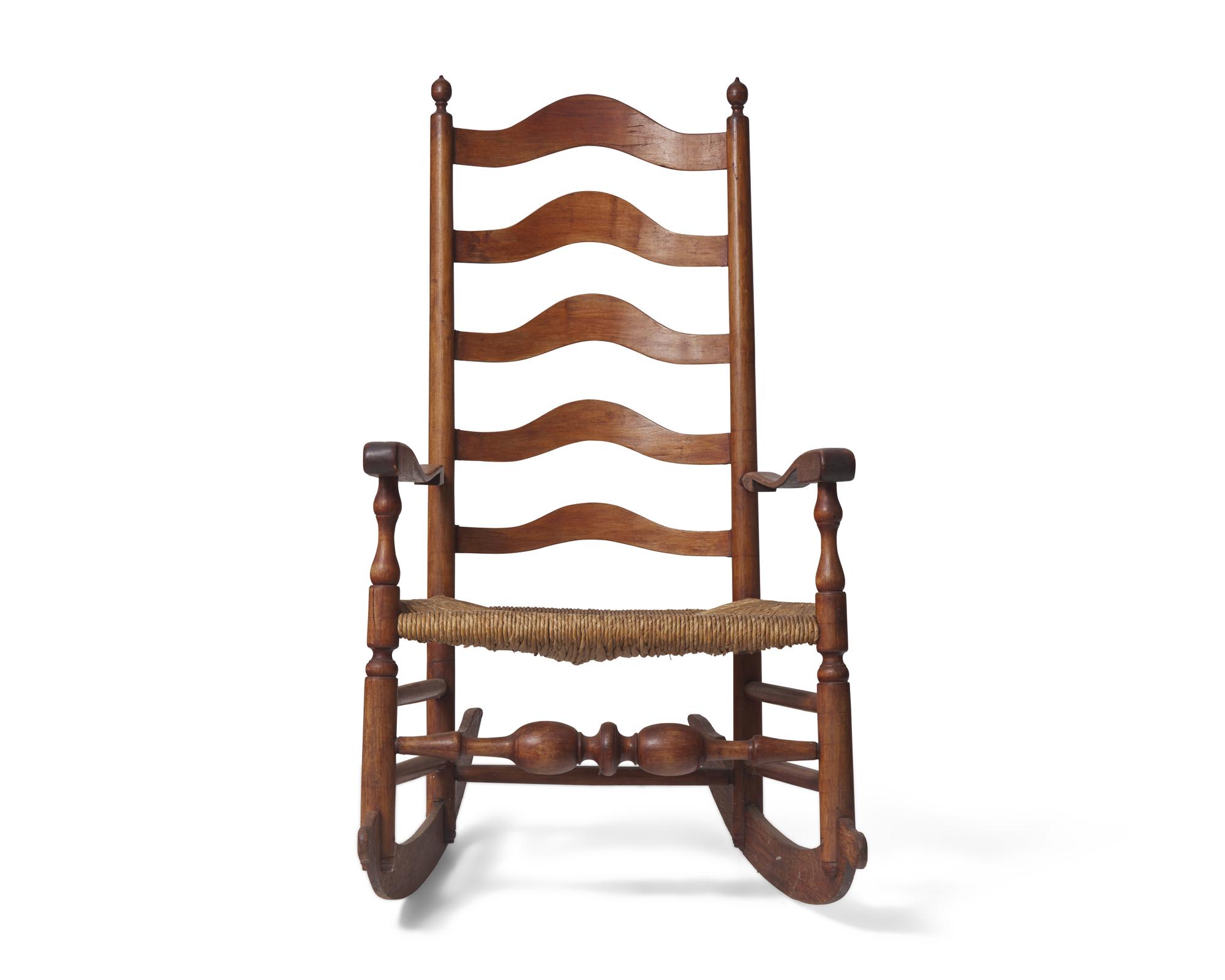 A Maple and Hickory Ladderback Rush-Seat Armchair Modified as a Rocking Chair, Delaware Valley