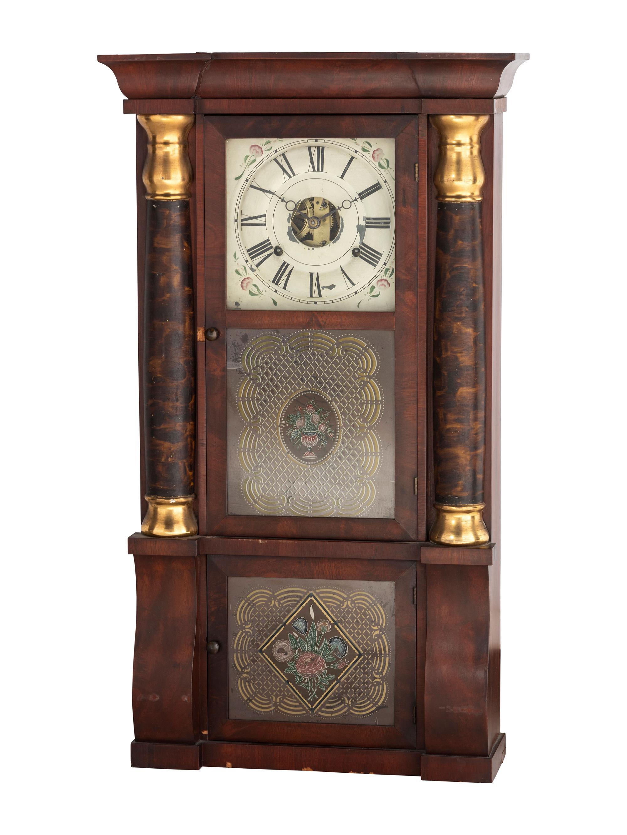 An American Classical Mahogany Eglomise Mantel Clock