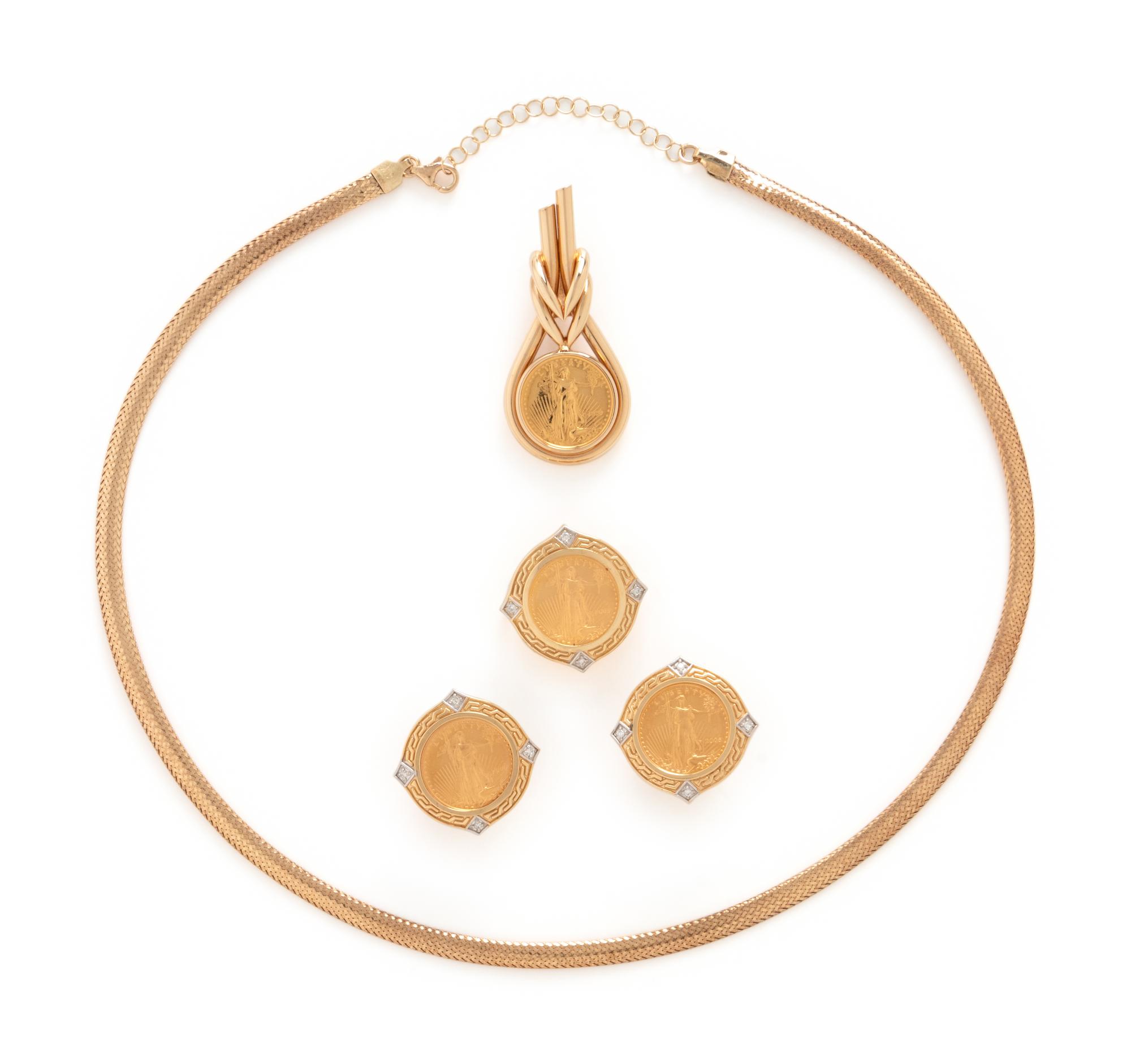 COLLECTION OF YELLOW GOLD AND COIN JEWELRY