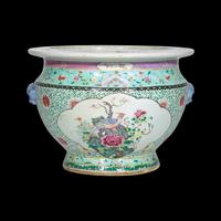 A Large Chinese Famille Rose 'Rooster and Peony' Porcelain Jardiniere 粉彩松石綠地開光牡丹雄鷄圖畫缸