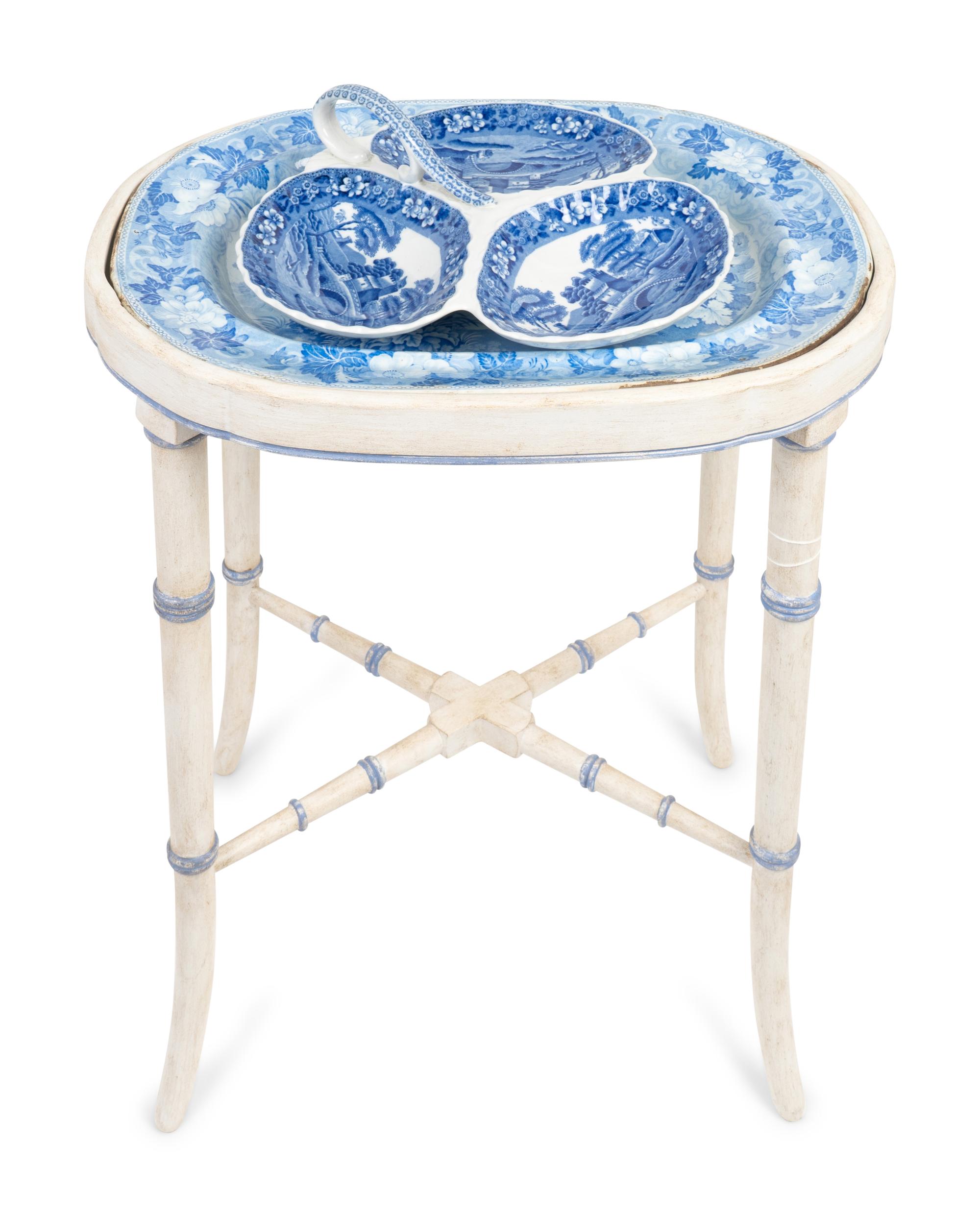 An English Blue and White Transfer-Printed Earthenware Platter on Later Stand and a Copeland Three-Sectioned Hors d'Oeuvres Dish — 19TH CENTURY