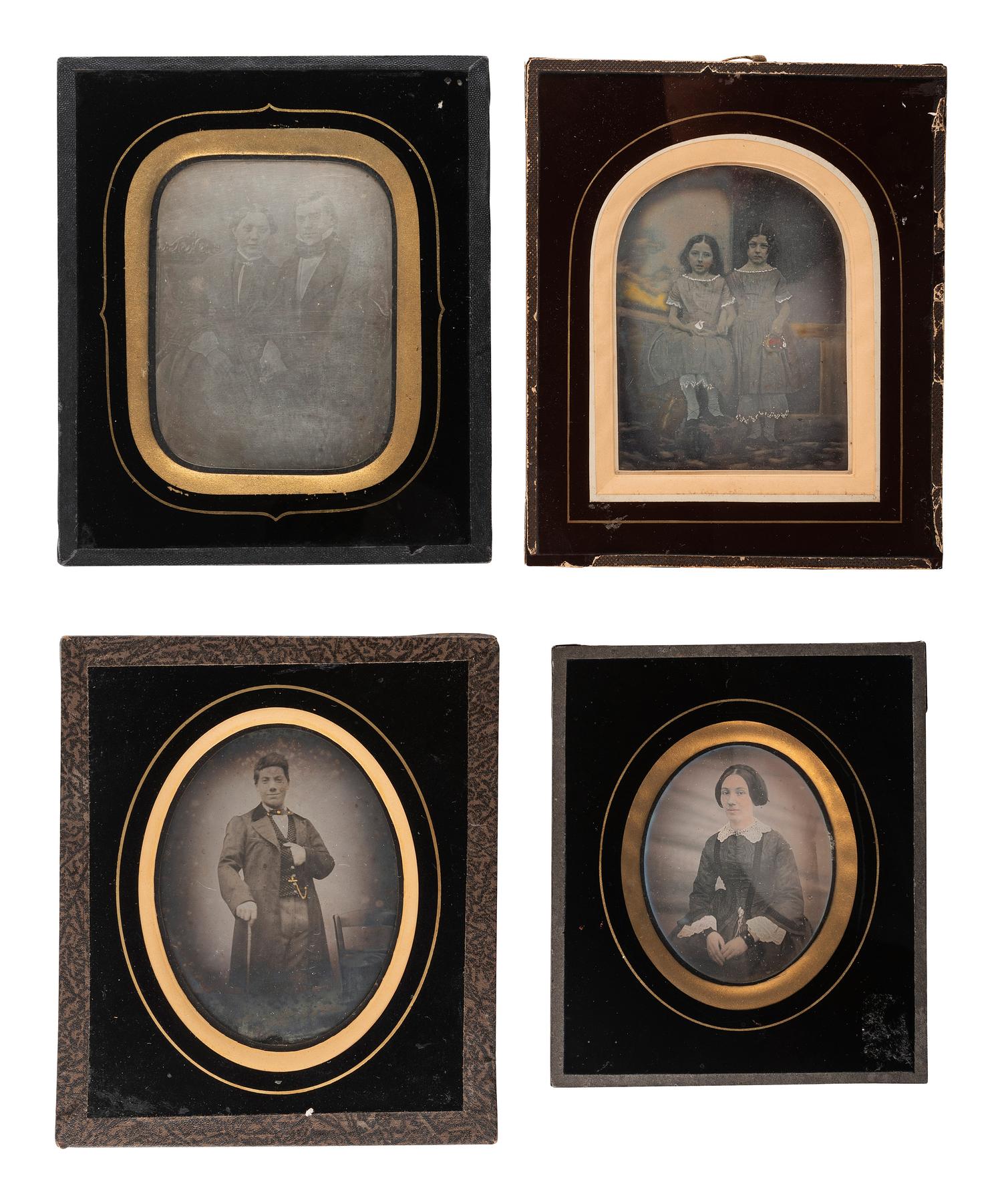 [EARLY PHOTOGRAPHY]. A group of 9 European portraits in wall frames, highlighted by attractive daguerreotypes of men, women, and children, including: