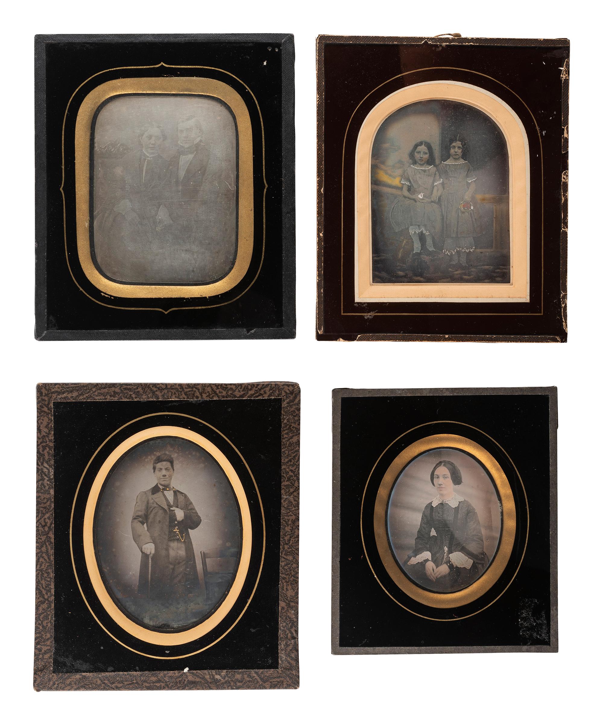 [EARLY PHOTOGRAPHY]. A group of 9 European portraits in wall frames, highlighted by attractive daguerreotypes of men, women, and children, including: