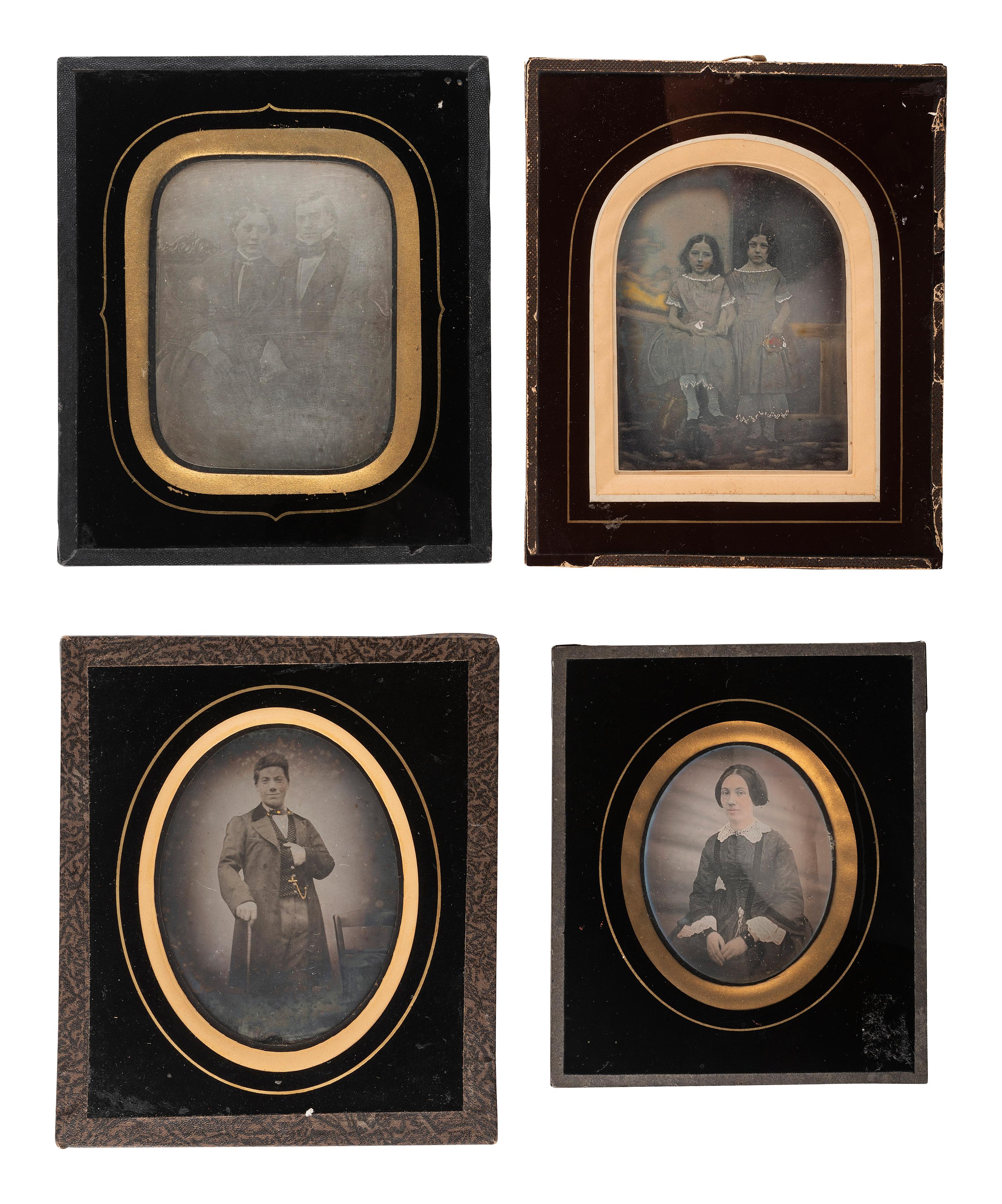 [EARLY PHOTOGRAPHY]. A group of 9 European portraits in wall frames, highlighted by attractive daguerreotypes of men, women, and children, including: