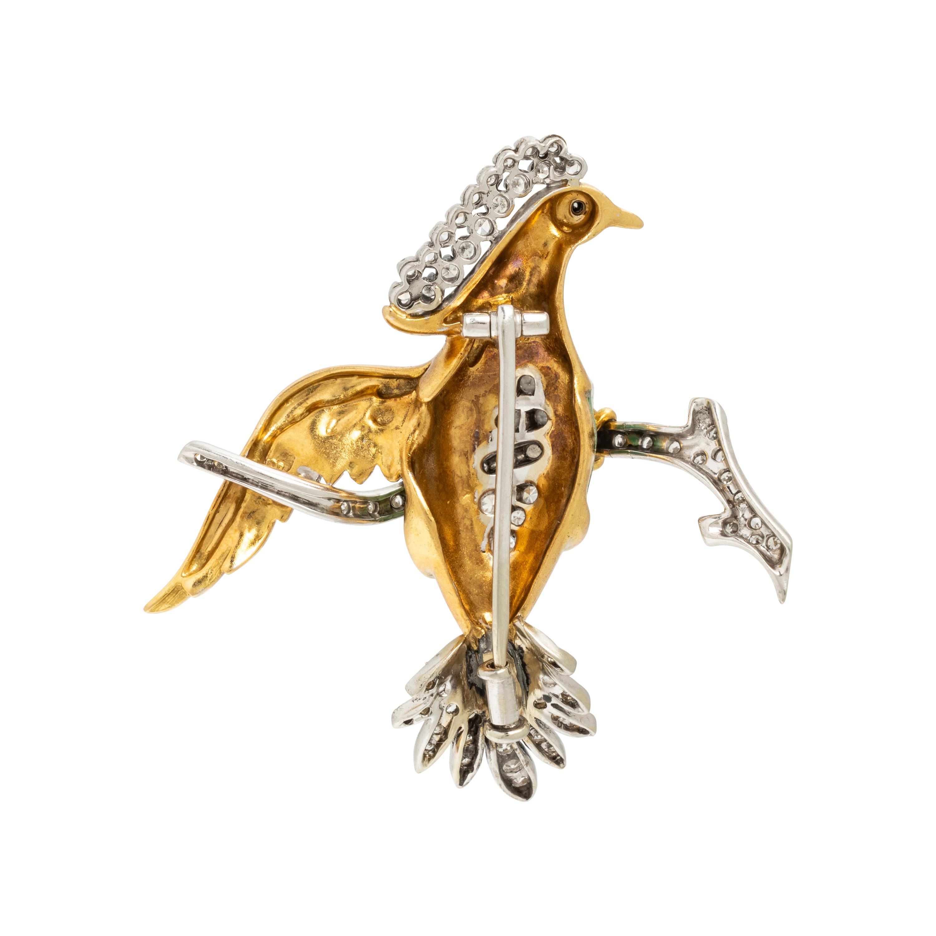 Enamel, Diamond, and Bicolor Gold Bird Brooch