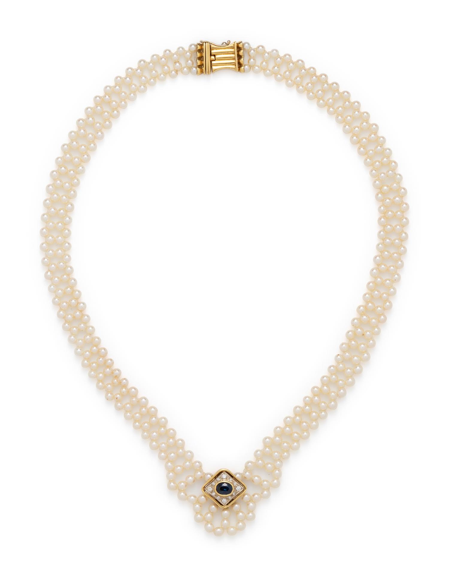 CULTURED PEARL, SAPPHIRE AND DIAMOND NECKLACE