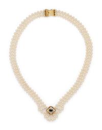 CULTURED PEARL, SAPPHIRE AND DIAMOND NECKLACE