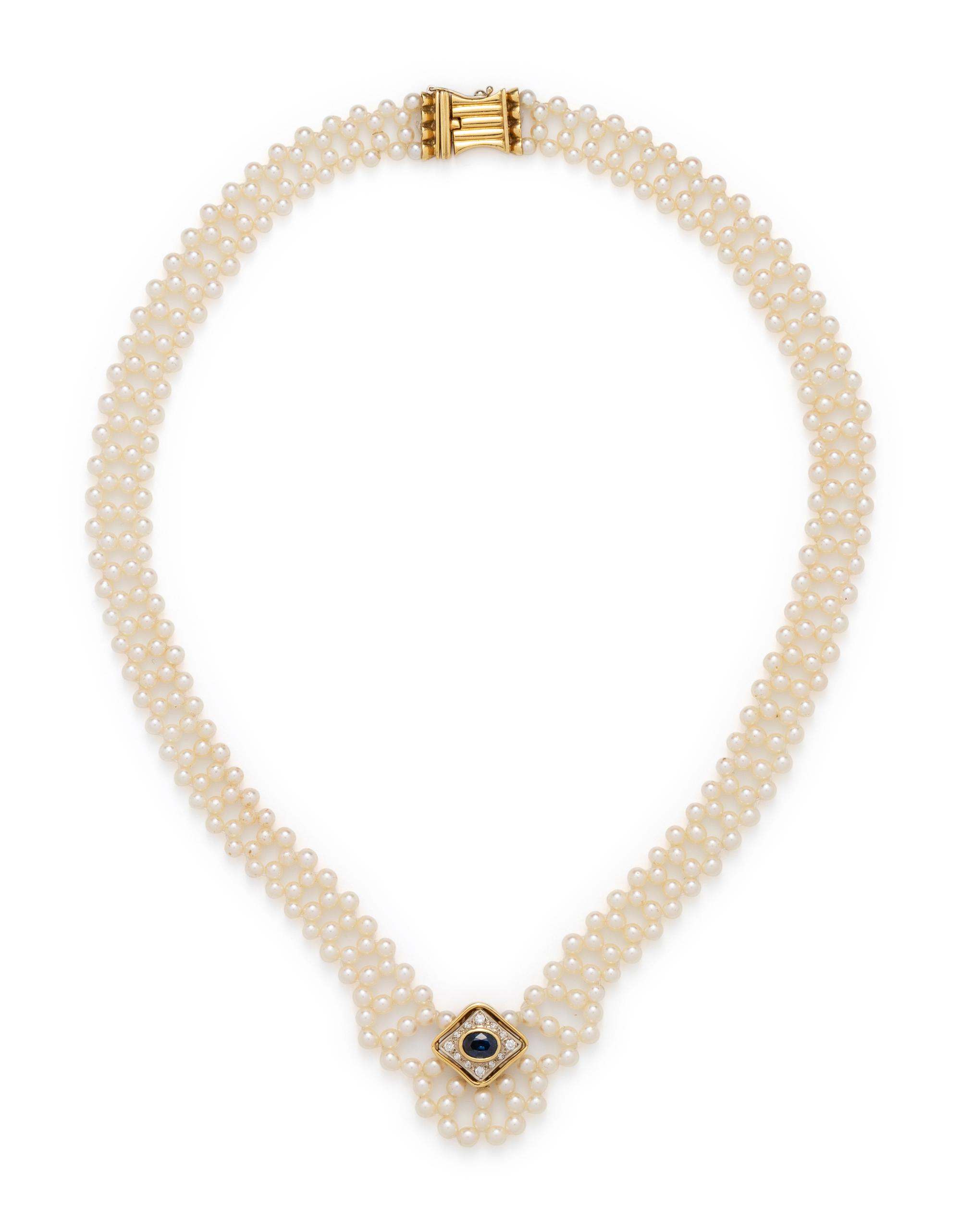 CULTURED PEARL, SAPPHIRE AND DIAMOND NECKLACE