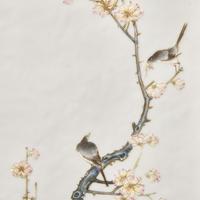 A Chinese Famille Rose Porcelain and Carved Wood Table Screen, 19th to Early 20th Century 晚清-民國 “梅雀爭春”瓷板插屏