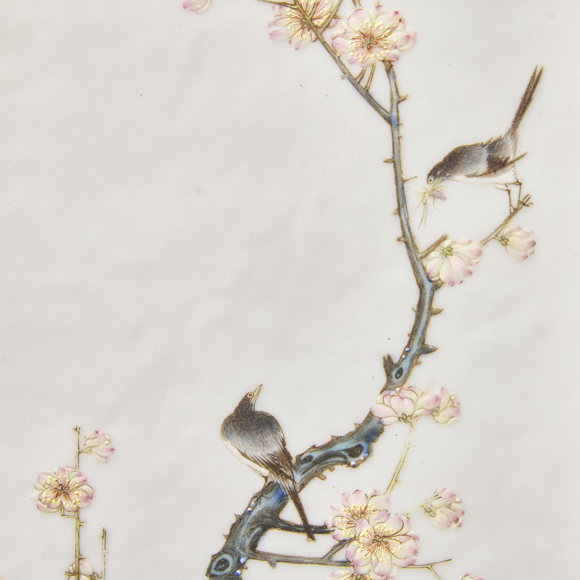 A Chinese Famille Rose Porcelain and Carved Wood Table Screen, 19th to Early 20th Century 晚清-民國 “梅雀爭春”瓷板插屏
