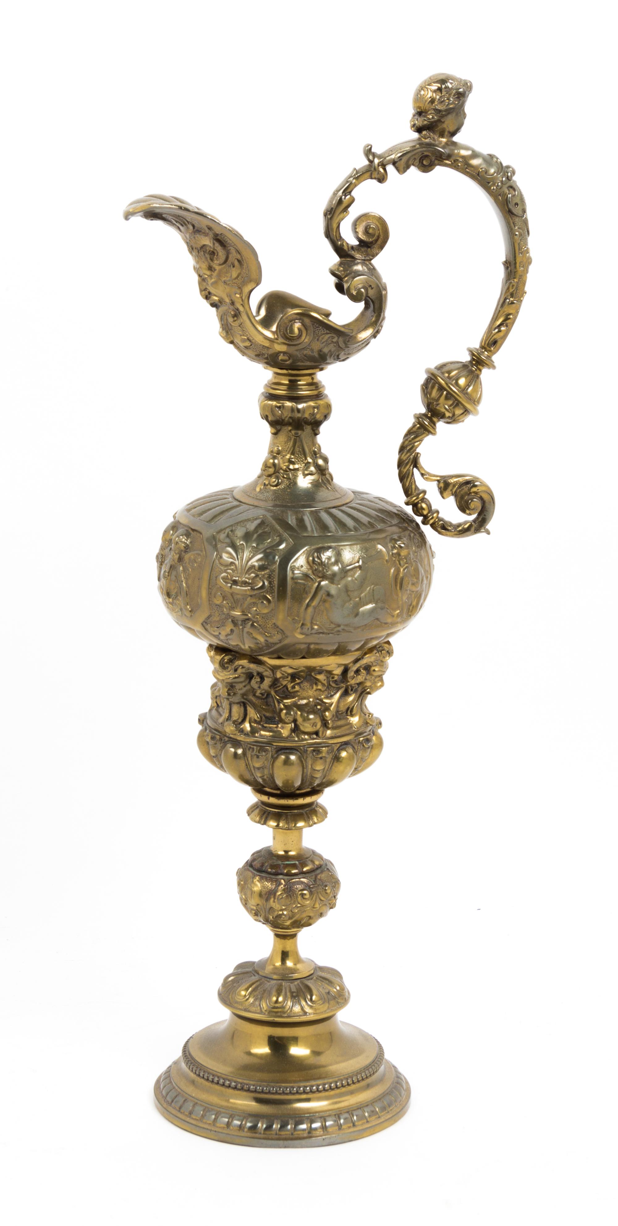 A Continental Brass Ewer Height 15 1/4 inches.