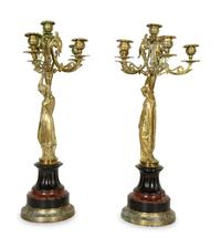 A Pair of French Gilt Bronze and Marble Six-Light Candelabra